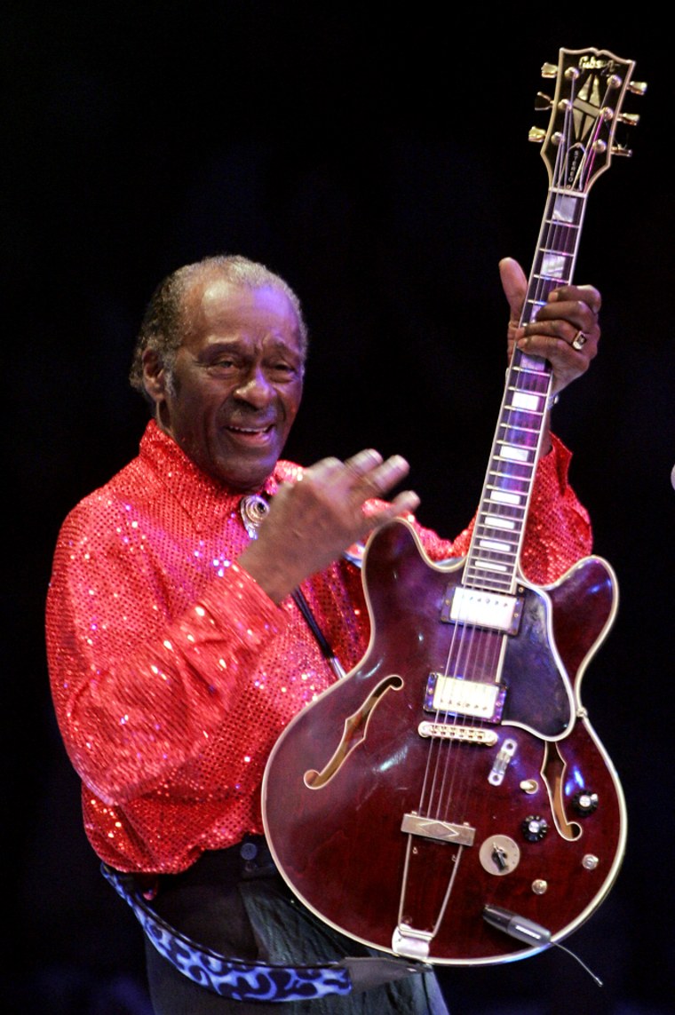 **FILE**Chuck Berry performs at Westbury Music Fair in Westbury, N.Y., on Aug. 19, 2004. The rock 'n' roll legend turns 80 Wednesday, Oct. 18, 2006.( AP Photo/Ed Betz)