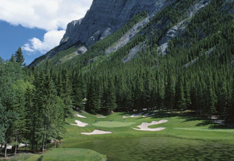 Named the Devil's Cauldron by famed Canadian architect Stanley Thompson, the fourth hole at Banff Springs drops some 70 feet from tee to green in the shadow of monolithic Mount Rundle, carrying a glacial pond in the process. 