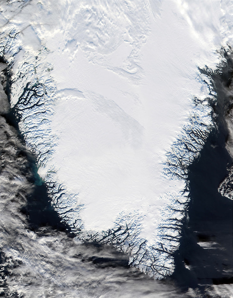 The southern tip of Greenland, seen in a satellite image, is losing ice faster than elsewhere.