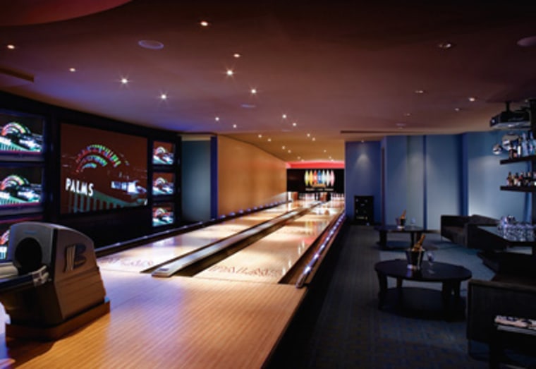 The Kingpin Suite at the Palms is designed to party with two regulation-size bowling lanes, a multi-screen media center, pool table and floor-to-ceiling windows. The 4,240 square-foot suite on the 25th floor has two bedrooms, three bathrooms, the requisite Jacuzzi, and is designed with a hip retro interior.