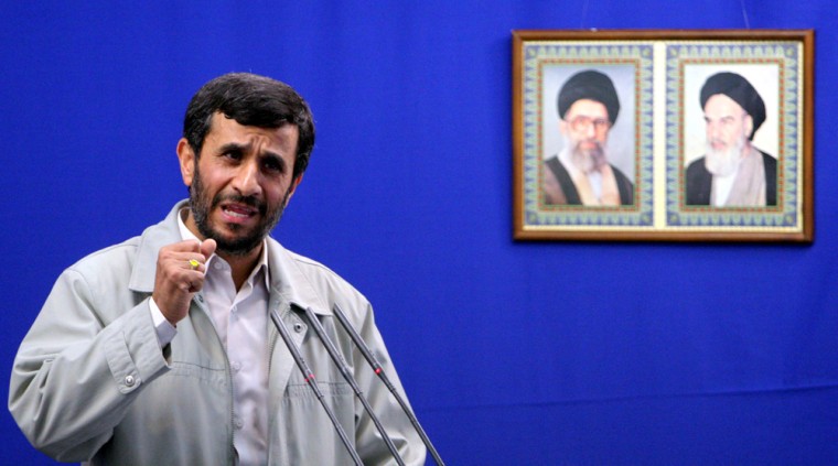 In front of the pictures of Iran’s revolutionary founder Ayatollah Khomeini, right, and supreme leader Ayatollah Ali Khamenei, President Mahmoud Ahmadinejad speaks after attending an anti-Israeli rally in Tehran, on Friday.