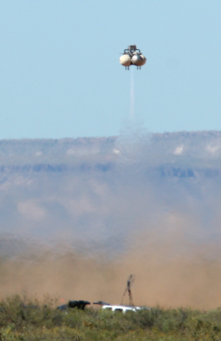 Armadillo Aerospace's Pixel lander prototype launches from its pad at Las Cruces International Airport on Friday. The craft was damaged during a landing halfway through its planned route.