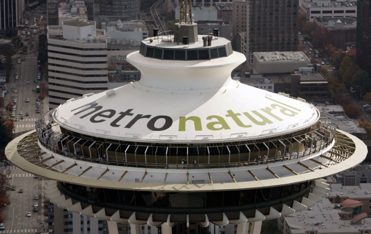 Letters 18-feet tall proclaiming Seattle's newest tourism slogan, "metronatural," are seen atop the landmark Space Needle last week.