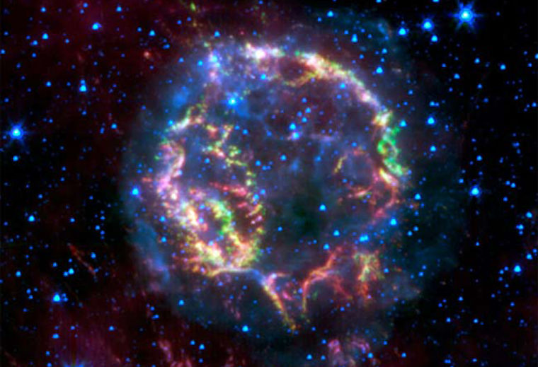 A false-color image taken by Spitzer. The faint blue glow surrounding Cassiopeia A is material energized by the faster-moving forward shock wave. Green, yellow and red primarily represent material that was ejected in the explosion and heated by the slower reverse shock wave.