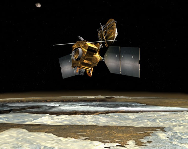 NASA's Mars Reconnaissance Orbiter passes over the Red Planet's south polar region in this artist's conception.