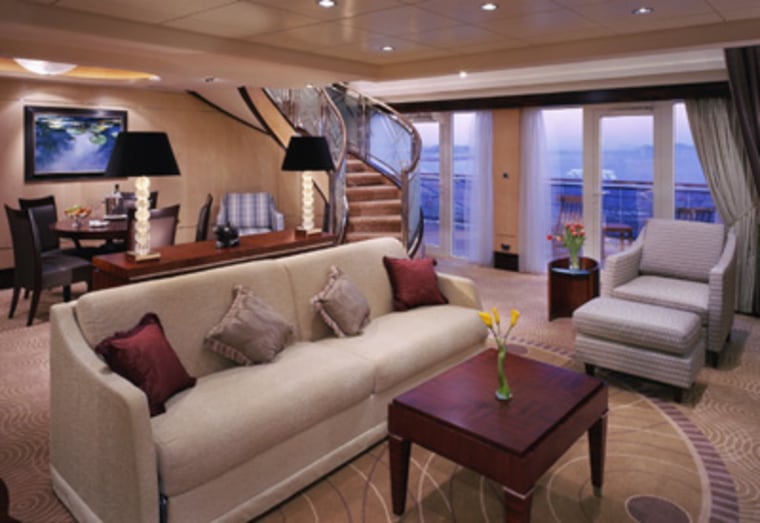 Aboard the 2,620-passenger Queen Mary 2, these 1,500-square-foot two-story suites have oversized 749-square-foot balconies. 