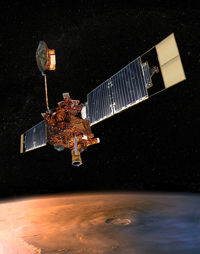 An artist's conception shows NASA's Mars Global Surveyor orbiting the Red Planet.