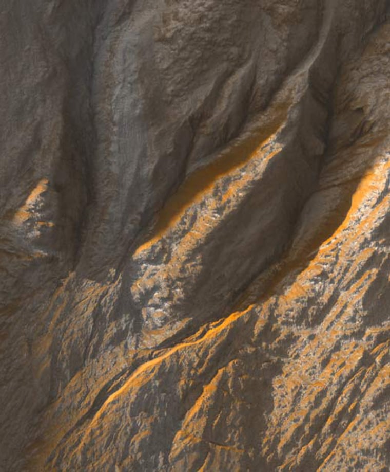 This crater edge in Terra Sirenum was imaged by the High Resolution Imaging Science Experiment camera, or HiRISE, on NASA's Mars Reconnaissance Orbiter. The gullies cutting their way through crater rims are prime targets for extended observation.