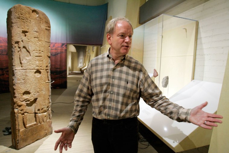 Curator and Egyptologist David Silverman speaks in front of a large relief of Egyptian pharaoh Akhenaten at the University of Pennsylvania Museum of Archaeology and Anthropology in Philadelphia, Friday, Nov. 10th.