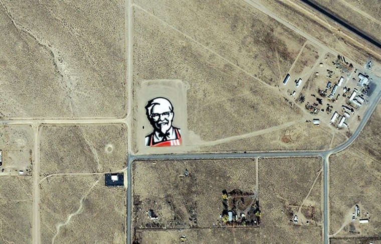 A satellite photograph shows the image of Colonel Sanders in the desert in Nevada