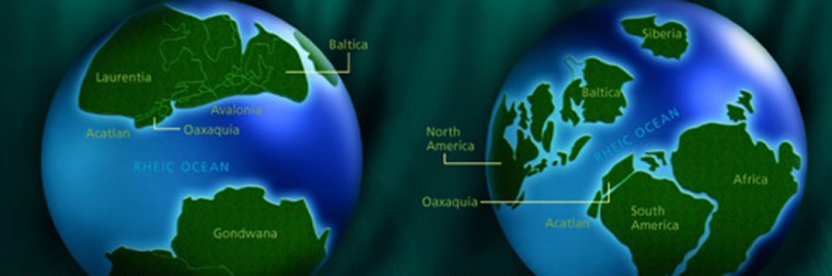This graphic shows what scientists previously thought Earth looked like 420 million years ago (at left), and the revised map (at right) based on new evidence uncovered in southern Mexico.