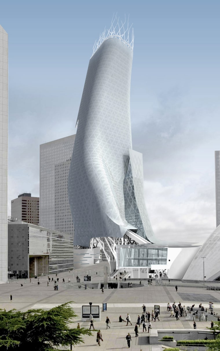 This artist rendition provided by property group Unibail shows the future skyscraper "Phare" (Lighthouse) designed by American architect Thom Mayne and which is due to be completed in 2012 in Paris business suburb La Defense. The curving tower rivals the Eiffel Tower in height and will include wind farm generating its own heating.
