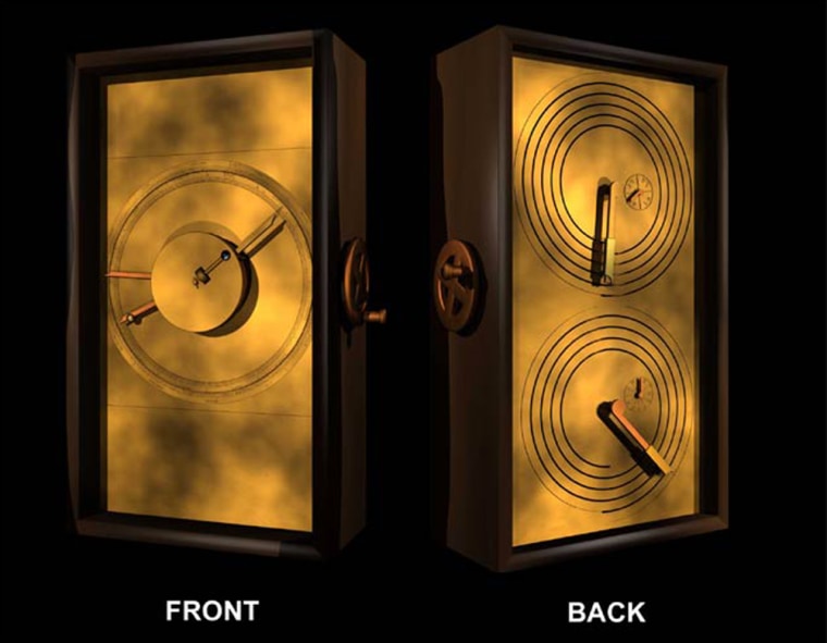 This computer-generated reconstruction shows the front and the back of the ancient Antikythera Mechanism.