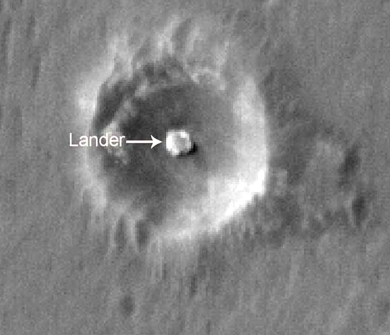 Mars Reconnaissance Orbiter image shows “Eagle crater," the small impact crater where Opportunity’s lander came to rest. The image is one of a gallery of photos released by NASA on Wednesday. 