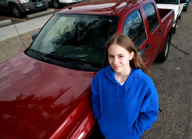 Kaytie Christopherson, a high school junior in Casper, Wyo., is shown on Nov. 4, next to the 2006 Chevrolet Colorado crew-cab pickup truck she won for good attendance last spring. 