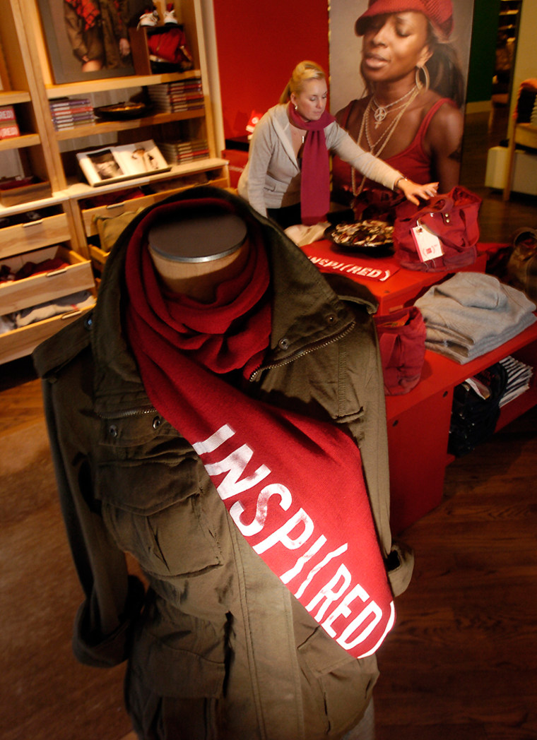 Product Red merchandise on display at a Gap store in San Francisco. Gap donates half the profits from Product Red items to the Global Fund to fight AIDs. 