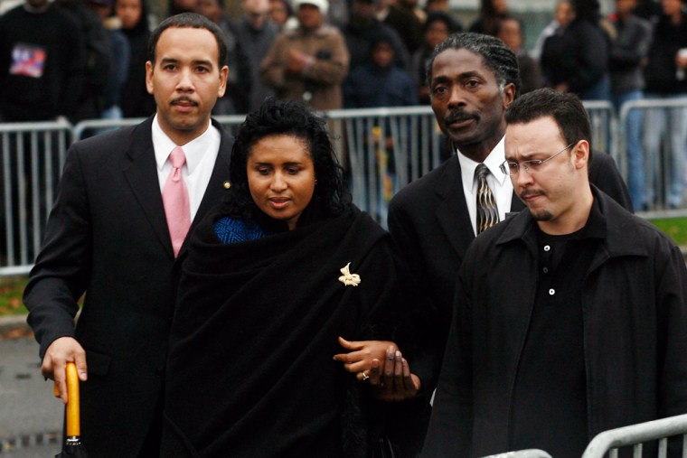 Katidou Diallo, the mother of an African immigrant killed by New York City police in 1999, arrives at the funeral of Sean Bell, killed by police on his wedding day, in New York