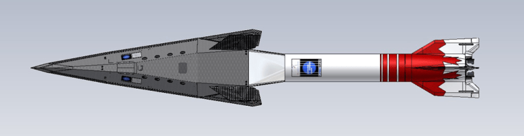 This artwork shows PlanetSpace's suborbital Silver Dart spaceship mounted on a Canadian Arrow rocket.