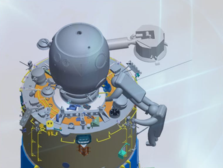 An artist's conception shows how two spacewalkers should be positioned at the international space station's service module to free a stuck antenna.