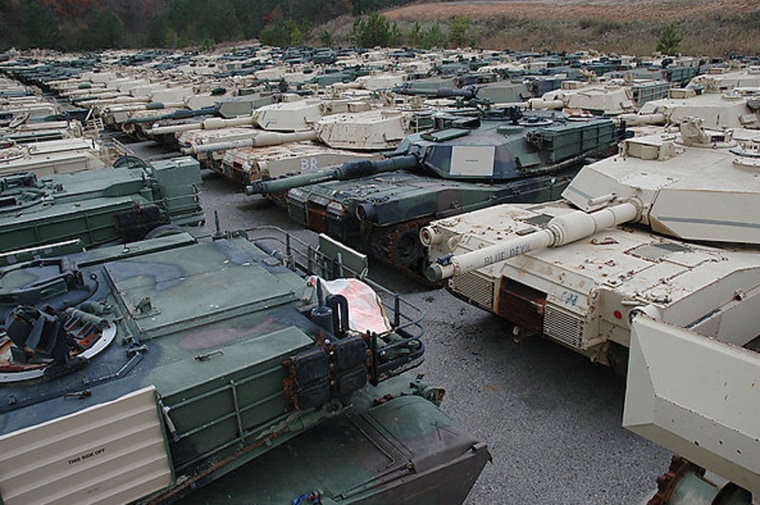 The backlog of tanks and other broken-down armored vehicles are seen at the Anniston Army Depot in Anniston, Ala.
