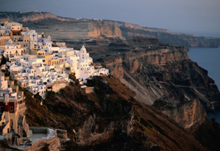 Santorini, village of whitewashed buildings in Fira 