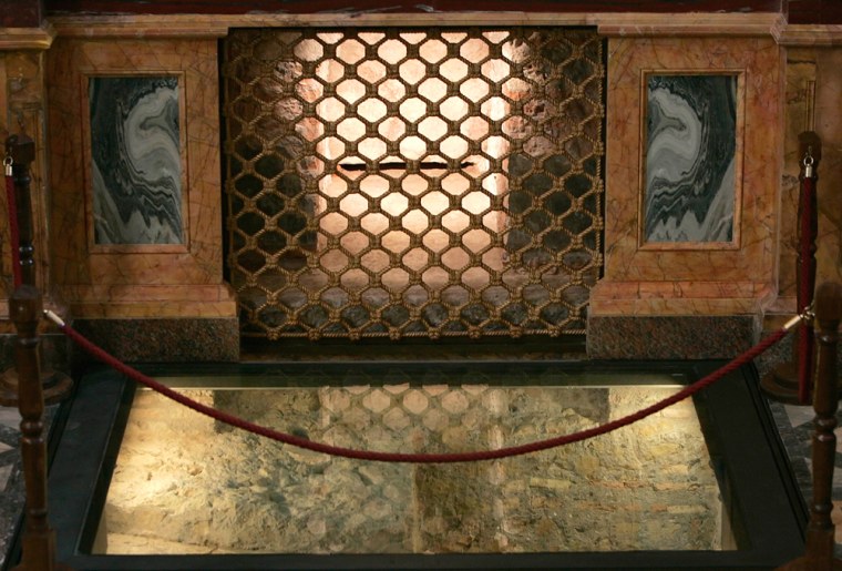 A general view shows the sarcophagus of the 1st century apostle St. Paul in Rome's Basilica of St Paul's Outside the Walls