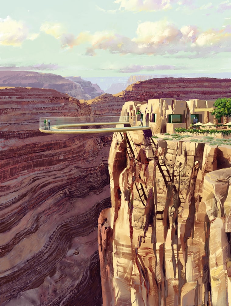 An artist's rendering provided by Grand Canyon West shows the Hualapai Indian Tribe's Skywalk, a glass-bottom observation deck 4,000 feet above the Colorado River hanging over the western edge of the Grand Canyon.