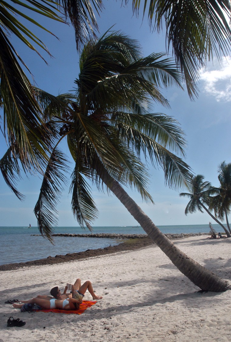 Beach-goers relax under a palm tree on a Key West, Fla.