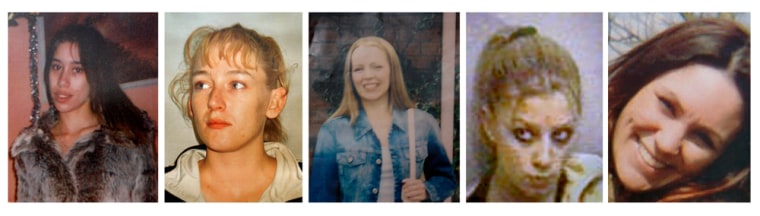 A combination image shows undated handout photographs of the five murdered prostitutes from Ipswich