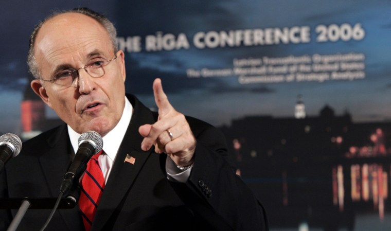 Former New York Mayor Rudolph Giuliani, seen here at a conference on the sidelines of a NATO summit in November, is showing early signs of a serious candidacy for the Republican presidential nomination.