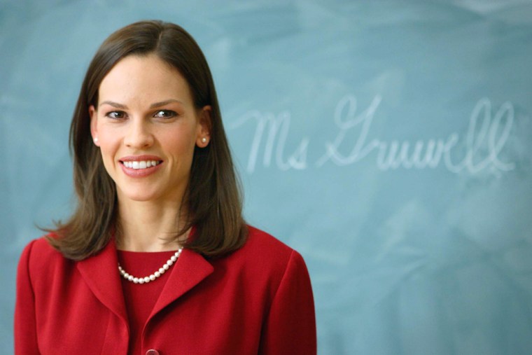In this photo provided by Paramount Pictures,  Hilary Swank  as Erin Gruwell in  \"Freedom Writers.\"  (AP Photo/Paramount Pictures/Jaimie Trueblood)