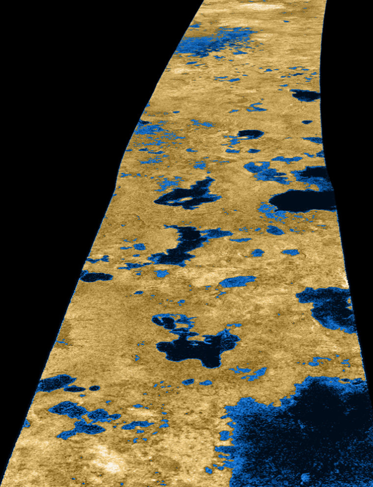 Radar imaging data from the Cassini spacecraft has provided convincing evidence for large bodies of liquid on Titan, a smog-covered moon of Saturn. Intensity in this colorized image is proportional to how much radar brightness was returned from various patches. The colors are not a representation of what the human eye would see.