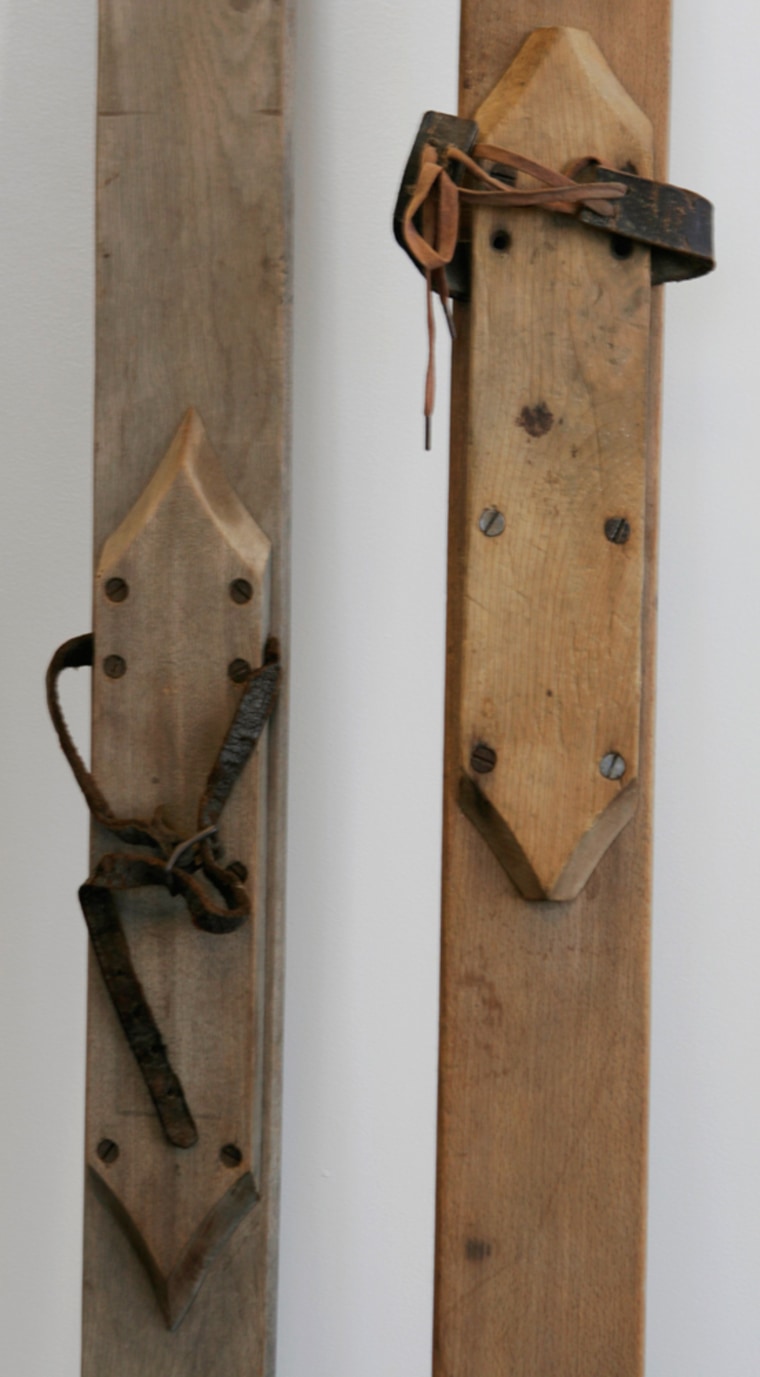 Bindings are seen on a pair of old skis from the 1930s at the new Ski Museum of Maine in Farmington, Maine. 