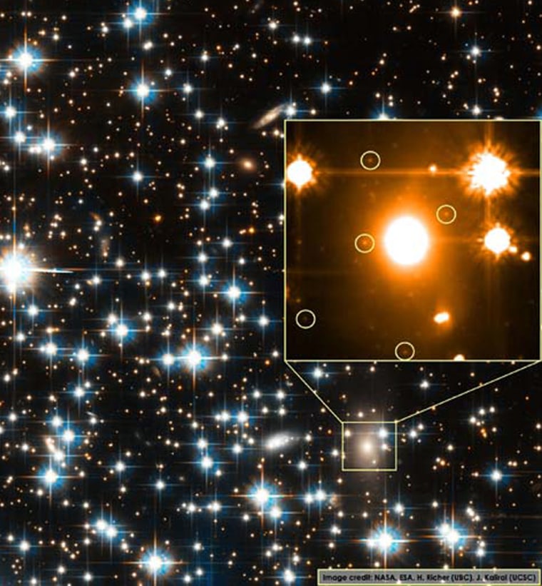 This Hubble Space Telescope view reveals a small field within the globular star cluster NGC 6397 in the Milky Way Galaxy. Inset: A close-up of a distant, as-yet-unnamed, galaxy in the background sporting its own star clusters.