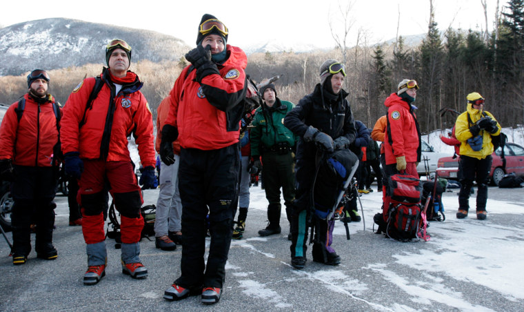 Search and rescue teams get ready to look for missing hiker Brian Gagnon on Mount Lafayette in Franconia, N.H., on Monday. Soon after this picture was taken, Gagnon, 24, was found alive on the mountain.