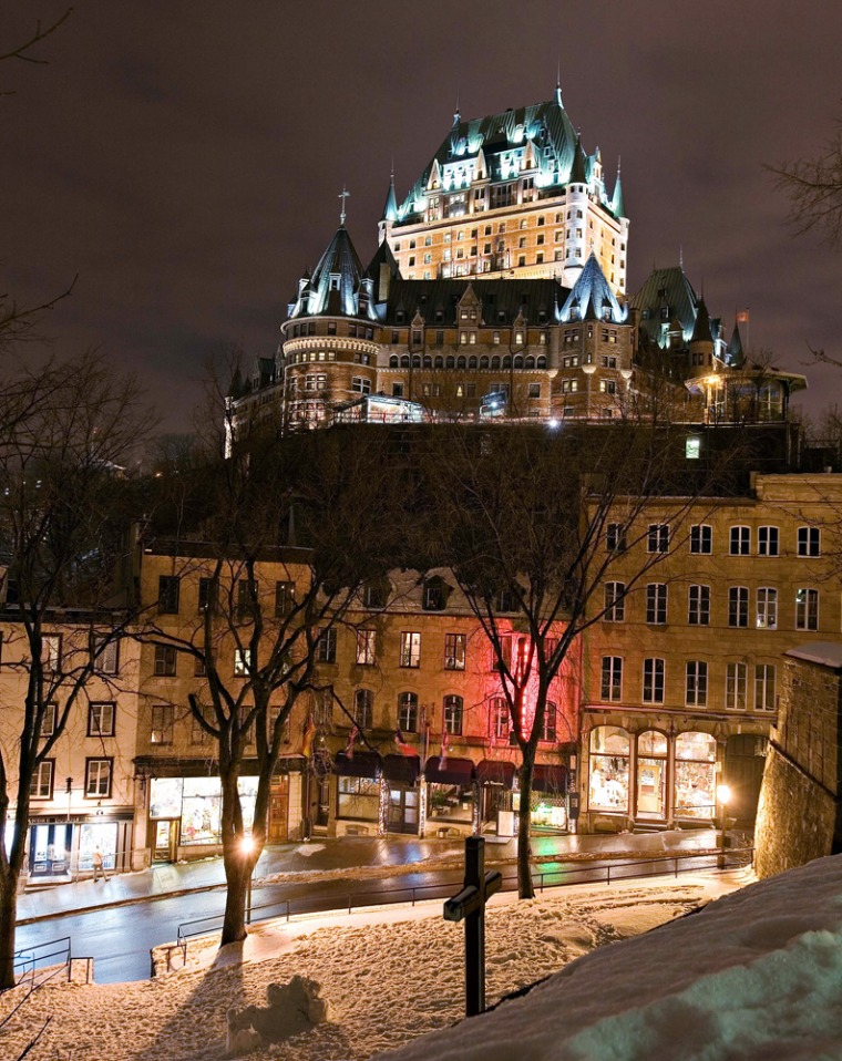 The historic grand hotel, Chateau Frontenac overlooks old Quebec City, a French-speaking center which offers great food, art, winter sports and spas.