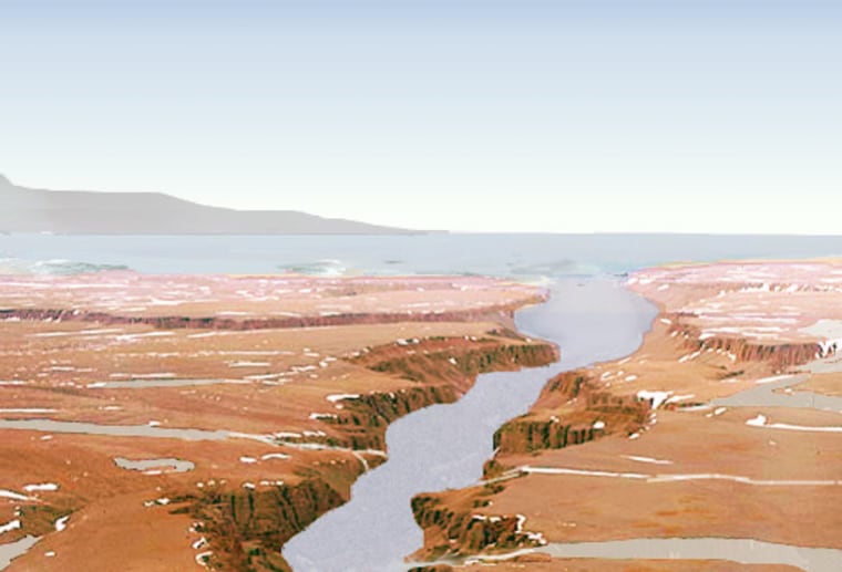 An artist’s conception shows how ancient Mars might have looked with a water ocean and a thicker, warmer atmosphere of carbon dioxide.