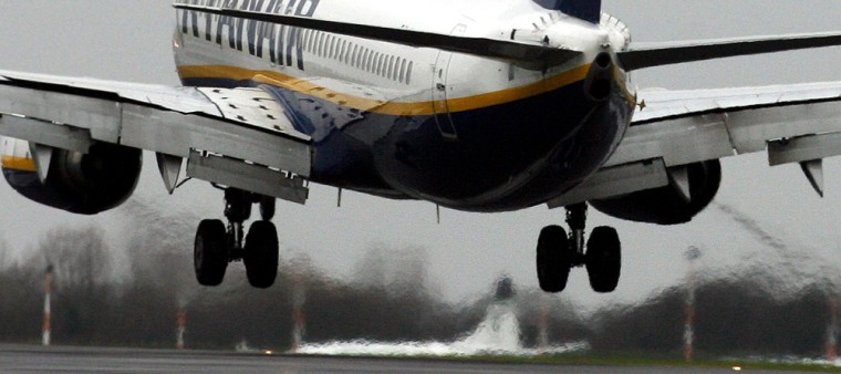 A Ryanair airplane landing at Liverpool'