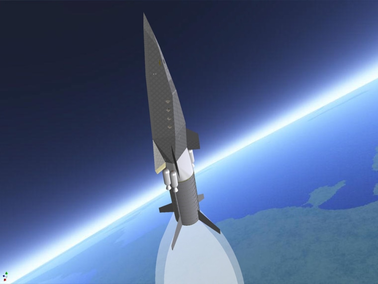 An artist's conception shows PlanetSpace's Silver Dart glider, rocketing into space atop a single-engine booster. This configuration would be used for suborbital flights. For orbital flights, a larger launch vehicle with clustered engines would be used.