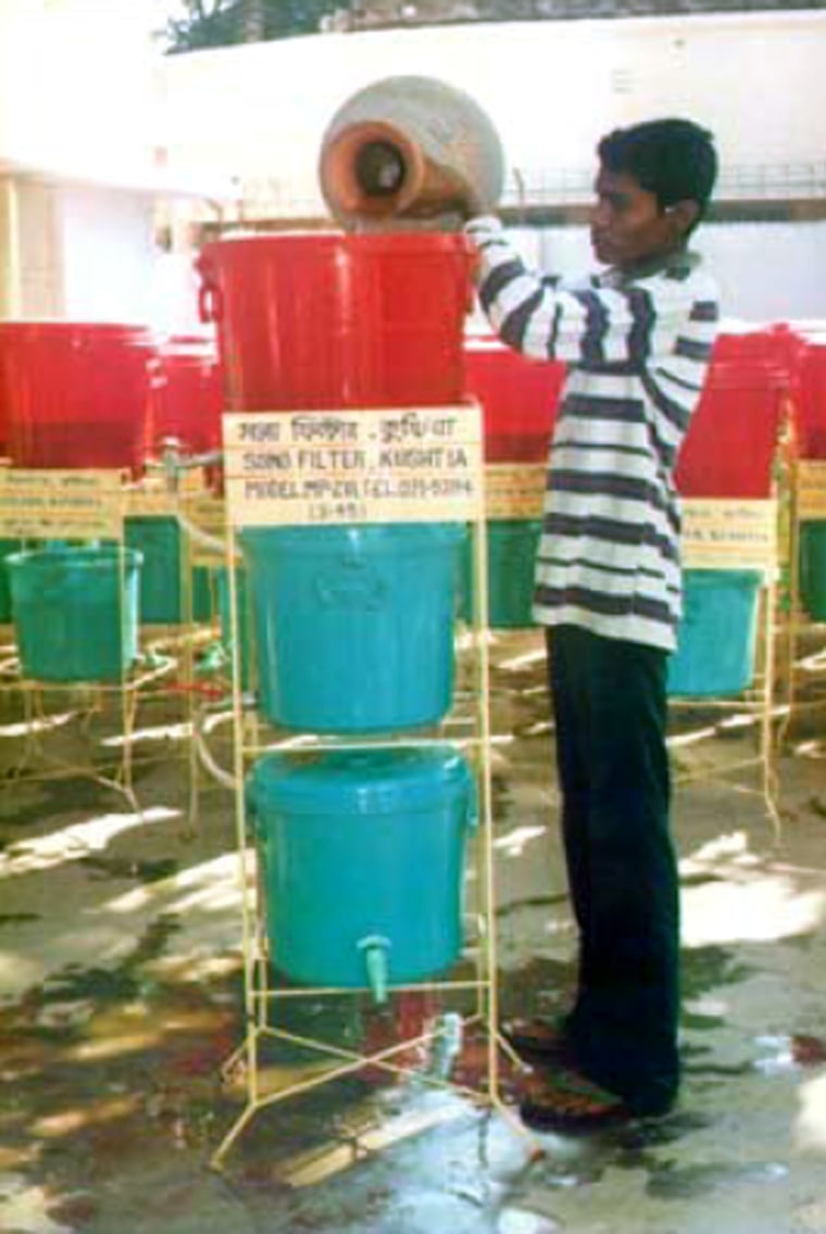 The three-bucket water filter used in Bangladesh removes virtually all of the poisonous arsenic from well water, and works without electricity.