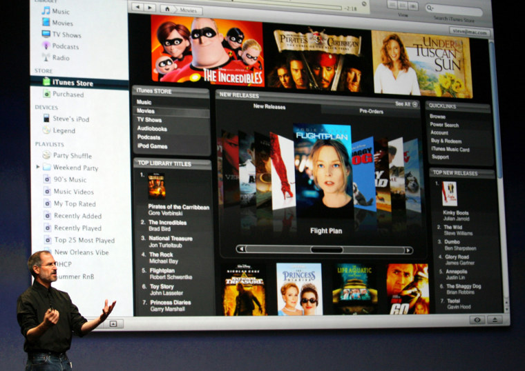 File photo of Apple Chief Executive Steve Jobs introducing full-length, high resolution movie downloads from the iTunes website at an Apple media event in San Francisco
