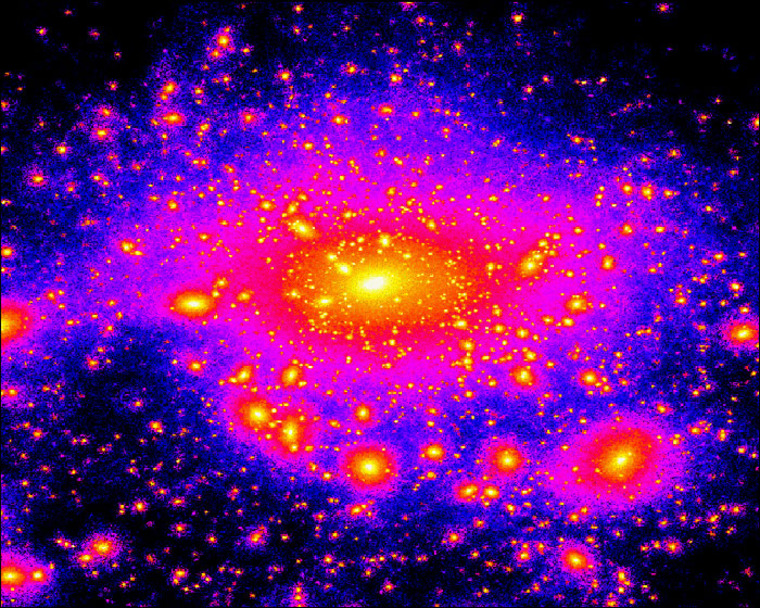 This image from a supercomputer simulation displays dark matter satellites as bright clumps. The central region corresponds to the luminous matter (gas and stars) of the Milky Way.