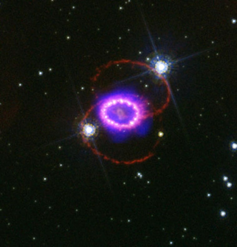 Supernova 1987A was visible to the naked eye, and is the brightest known supernova in almost 400 years. It occurred in the Large Magellanic Cloud, a dwarf galaxy only 160,000 light-years from Earth. 