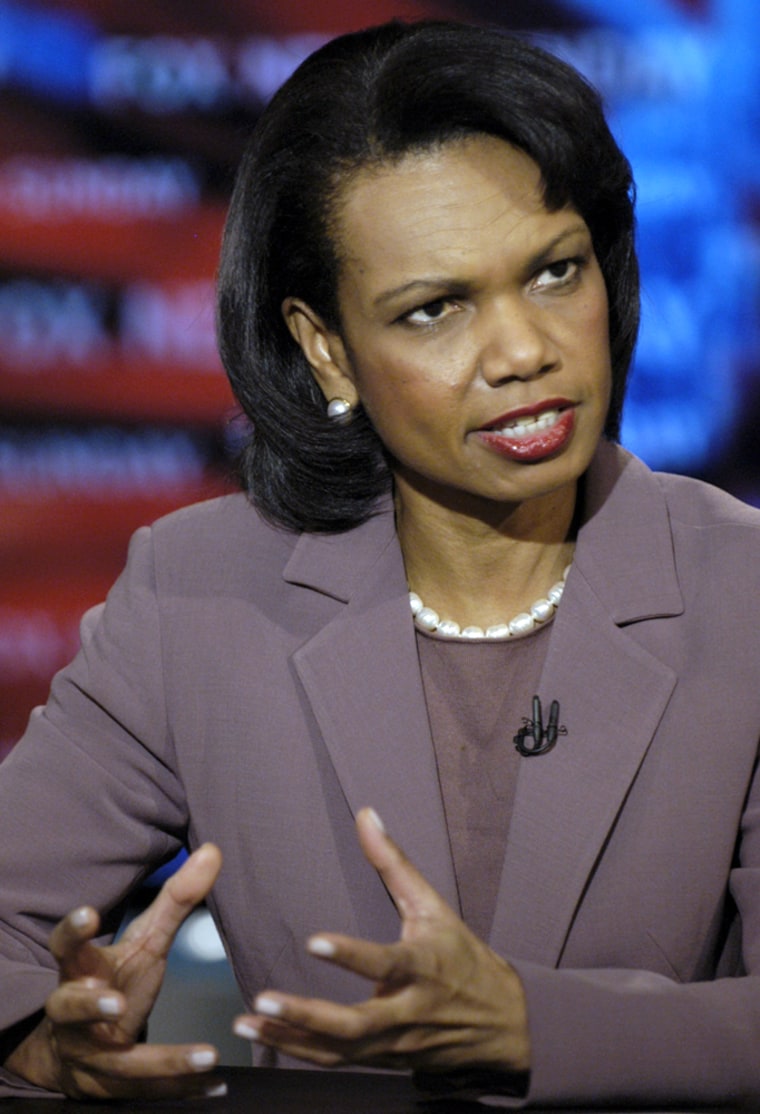 Secretary of State Condoleezza Rice discusses her recent trip to the Middle East on Sunday during the taping of “Fox News Sunday” at Fox studios in Washington. 