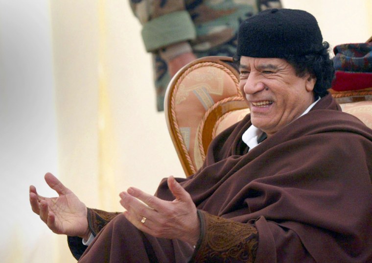 Libyan leader Moammar Gadhafi, seen here in 2004, said Friday that his country "cannot row against the current" of globalization.