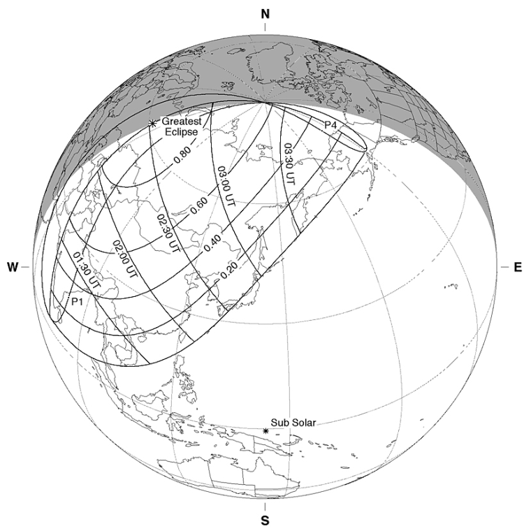 This map shows the coverage area for the unusual March 18-19 partial solar eclipse, which is visible over parts of Asia and Alaska.