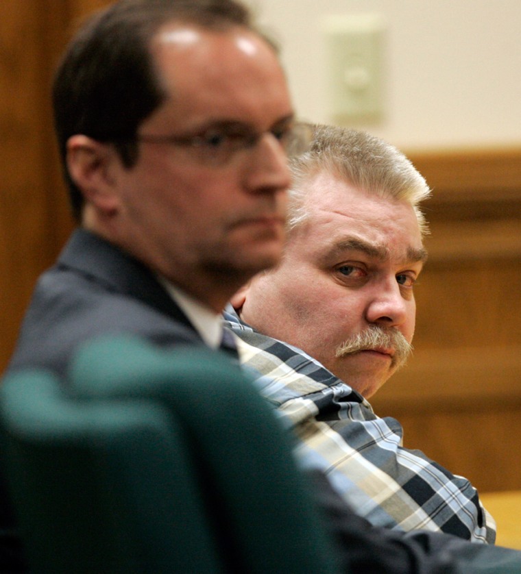 Steven Avery, right, looks around the courtroom in the Calumet County Courthouse in Chilton, Wis., on Sunday, the day he was found guilty of first-degree murder in the death of photographer Teresa Halbach, 25, on Oct. 31, 2005.