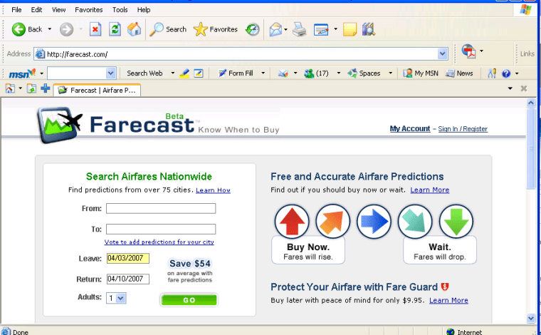 Backed by a database of 175 billion (and growing) airfares, Farecast predicts whether airfares will rise, fall or hold steady over the next seven days and whether consumers should buy now or wait for a better price.