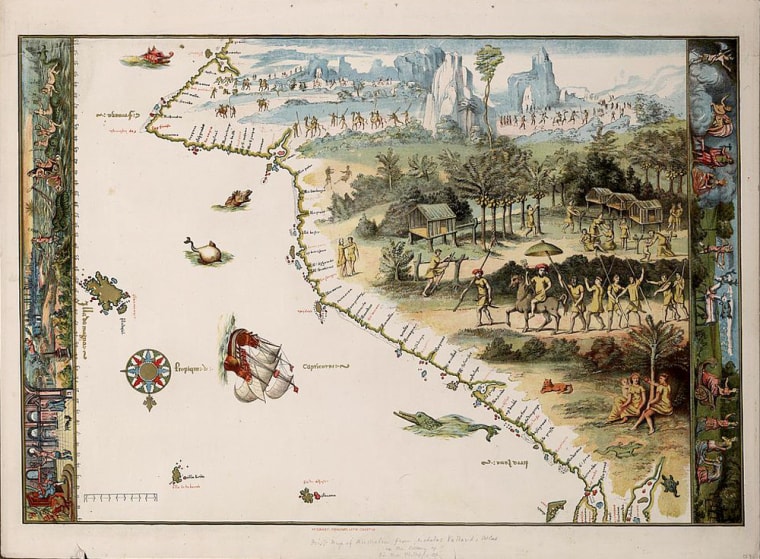 A 16th-century map from the Vallard Atlas appears to mark geographical sites along Australia's east coast in Portuguese, although the orientation of part of the map is off. In a newly published book, Peter Trickett says this is because the Portuguese charts were misaligned when they were copied.