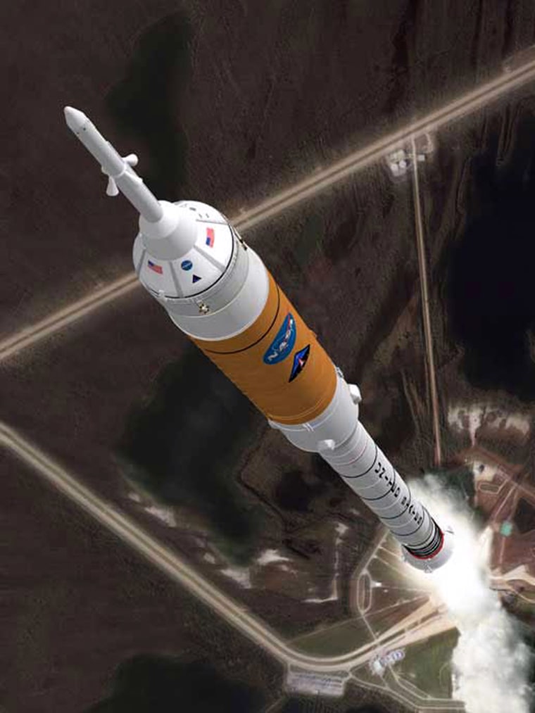A concept image of Ares I crew launch vehicle. Credit: NASA/MSFC.